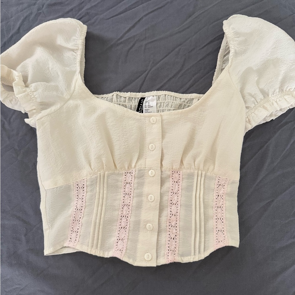 Divided White and Pink Puff Sleeve Crop Top